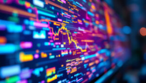 A photograph of a close-up shot of a vibrant led monitor displaying colorful graphics or images