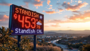 A photograph of capture a photograph of a vibrant led display showcasing current weather conditions in standish