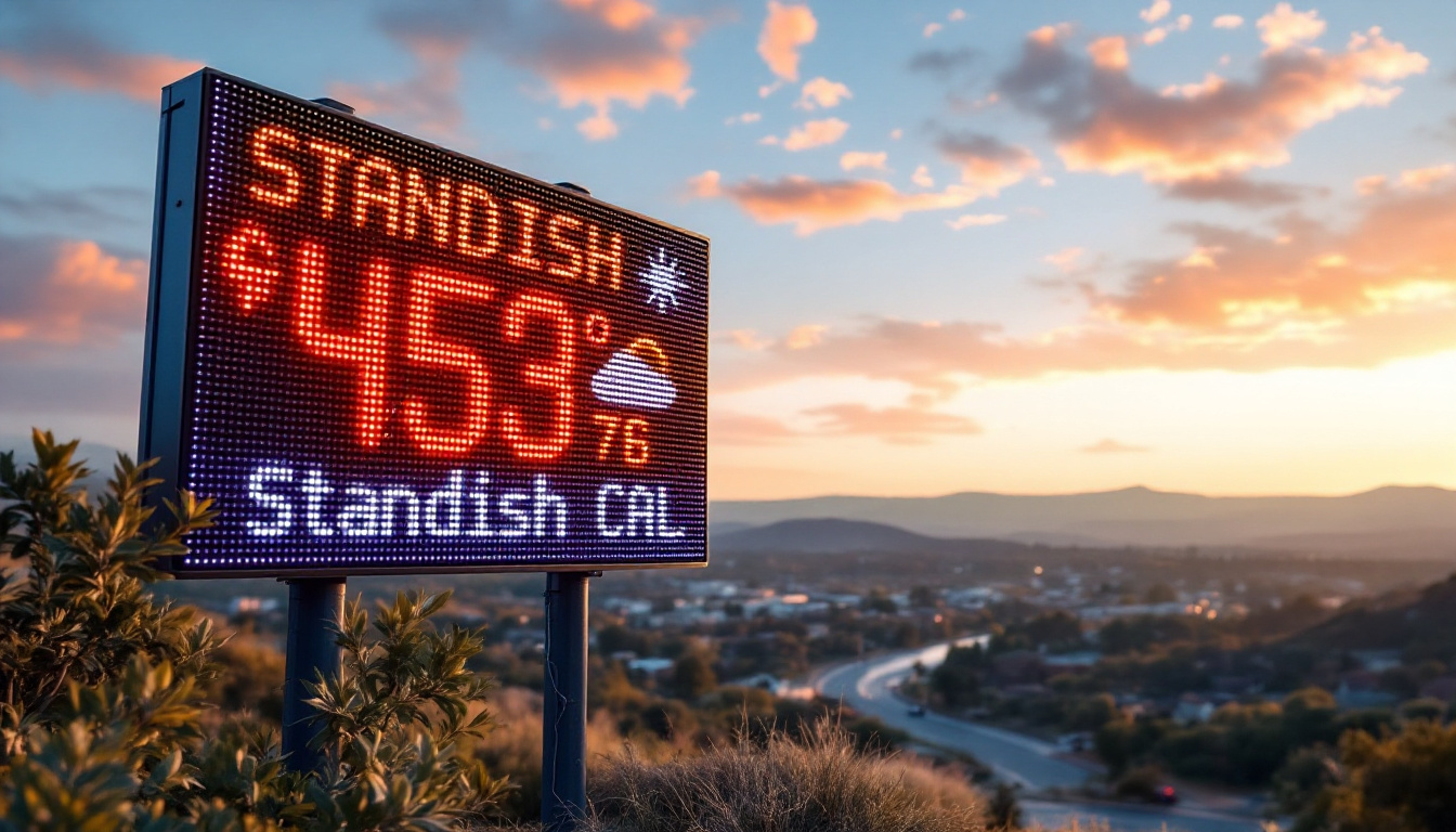 A photograph of capture a photograph of a vibrant led display showcasing current weather conditions in standish