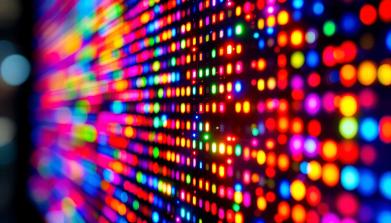 A photograph of a close-up of a vibrant led display showcasing dynamic colors and intricate details