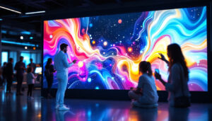 A photograph of a large touch screen led display in an interactive setting