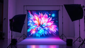A photograph of a photographer setting up a foldable backdrop wall with an integrated led display