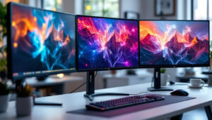 A photograph of a sleek triple monitor setup featuring three 32-inch led displays
