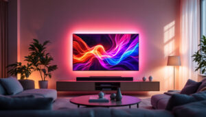 A photograph of a modern living room setup featuring a tv with vibrant led backlighting