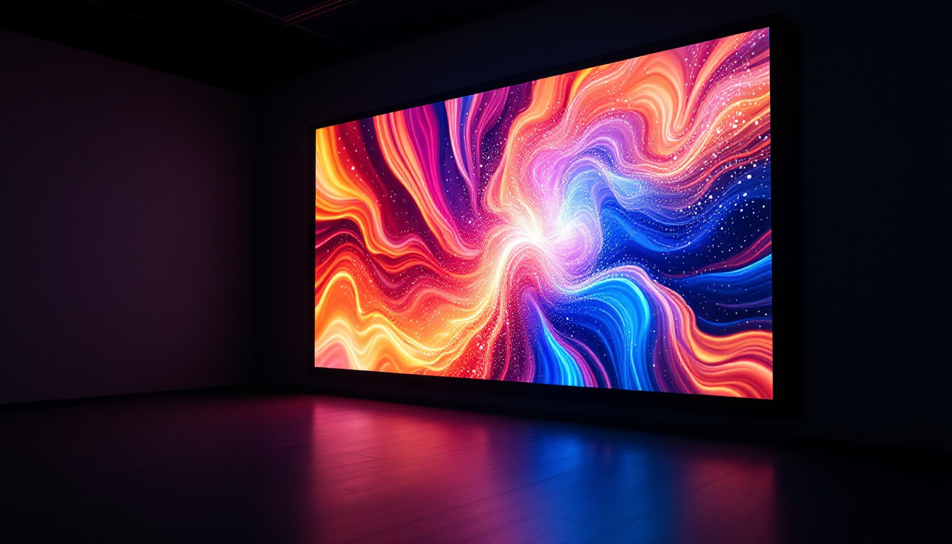 A photograph of a vibrant led projection screen in a darkened room