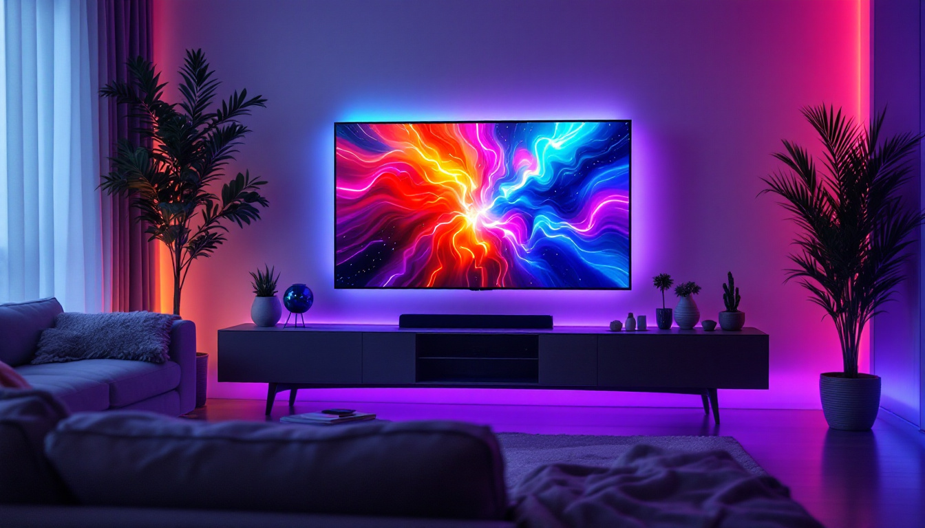 A photograph of a modern living room featuring a sleek tv with vibrant led backlighting