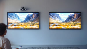 A photograph of a side-by-side comparison of a projector displaying an image on a plain white wall versus a dedicated projector screen