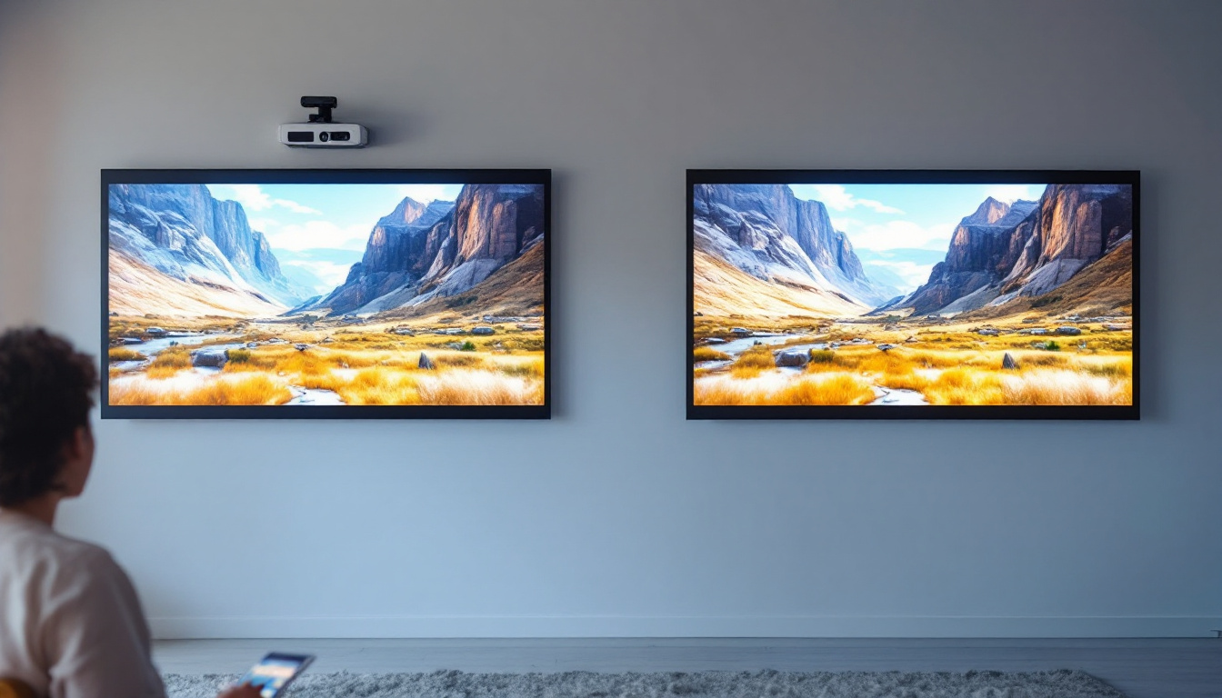 A photograph of a side-by-side comparison of a projector displaying an image on a plain white wall versus a dedicated projector screen