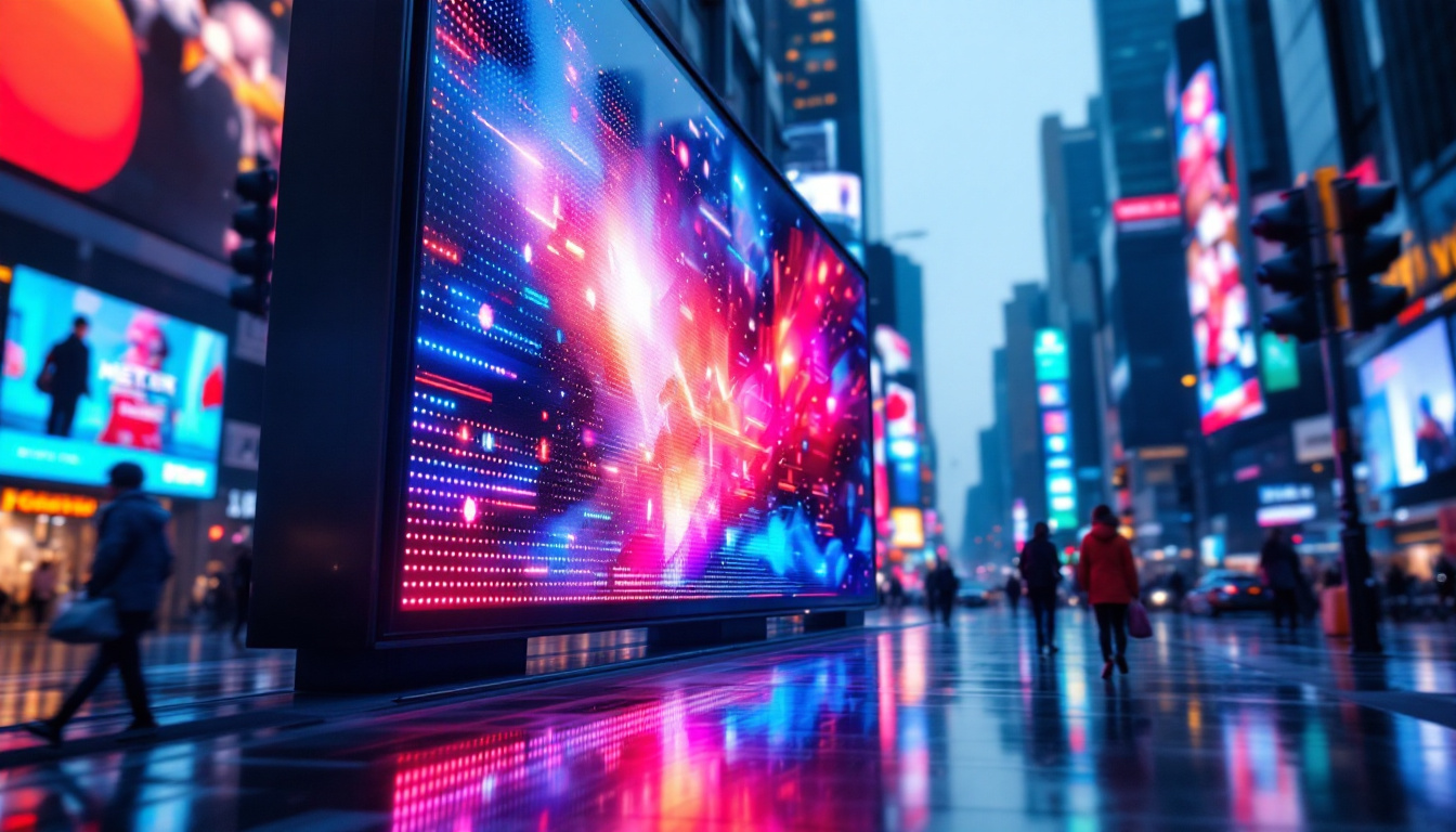 A photograph of a vibrant led display showcasing dynamic visuals or advertisements
