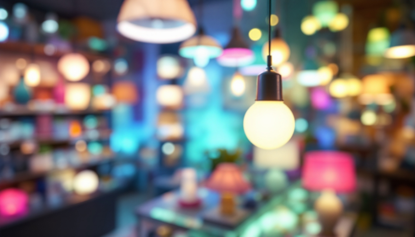 A photograph of a vibrant led display showcasing various lamp designs in the lamp store beaverton