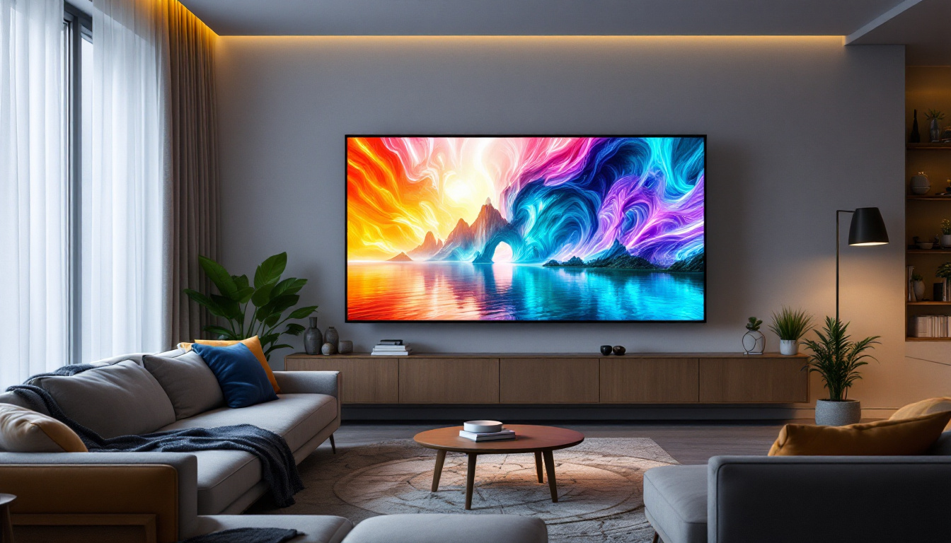 A photograph of a modern living room featuring a large led tv prominently displayed