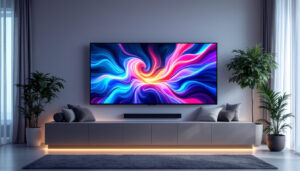 A photograph of capture a photograph of a sleek double-sided led tv screen displaying vibrant