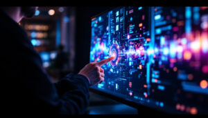 A photograph of a sleek touch computer monitor displaying vibrant led visuals