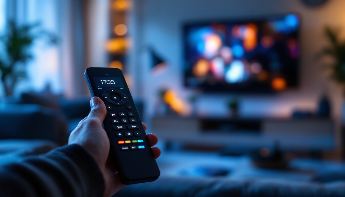 A photograph of a sleek touch screen tv remote with an illuminated led display