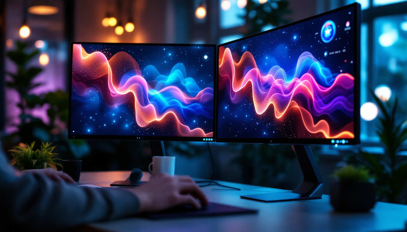 A photograph of a sleek dual touch screen monitor setup in a modern workspace
