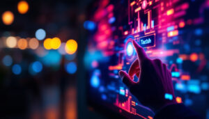 A photograph of a close-up shot of a vibrant touchscreen led display in use