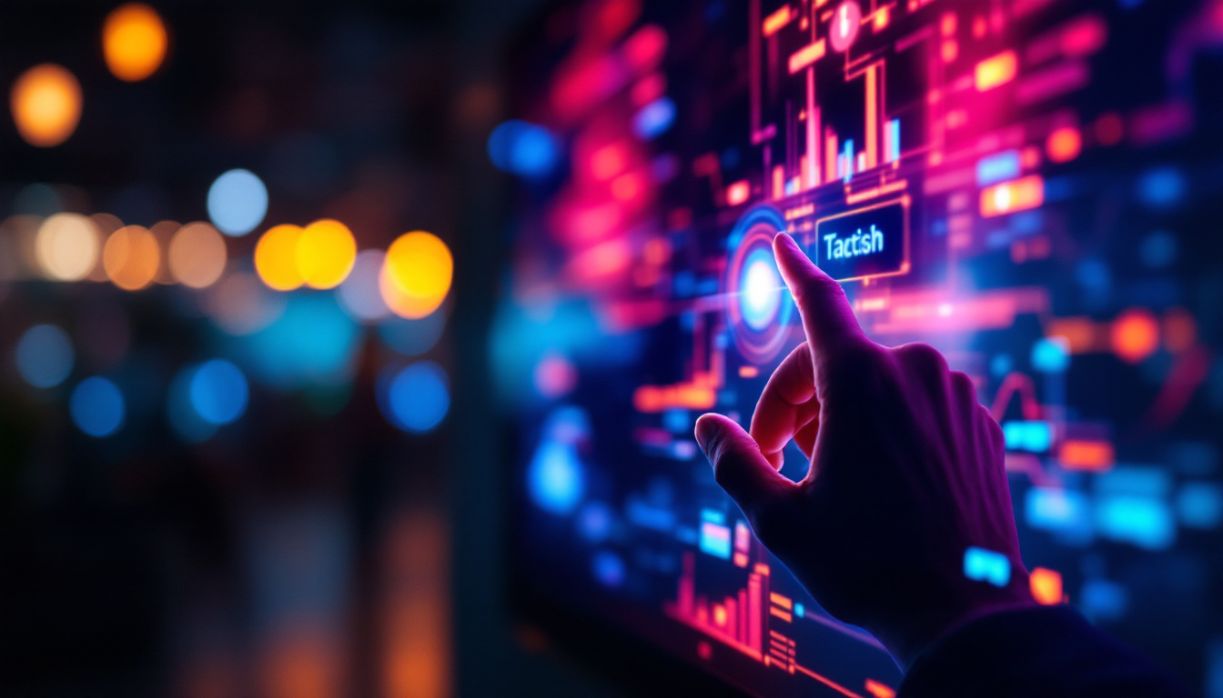 A photograph of a close-up shot of a vibrant touchscreen led display in use