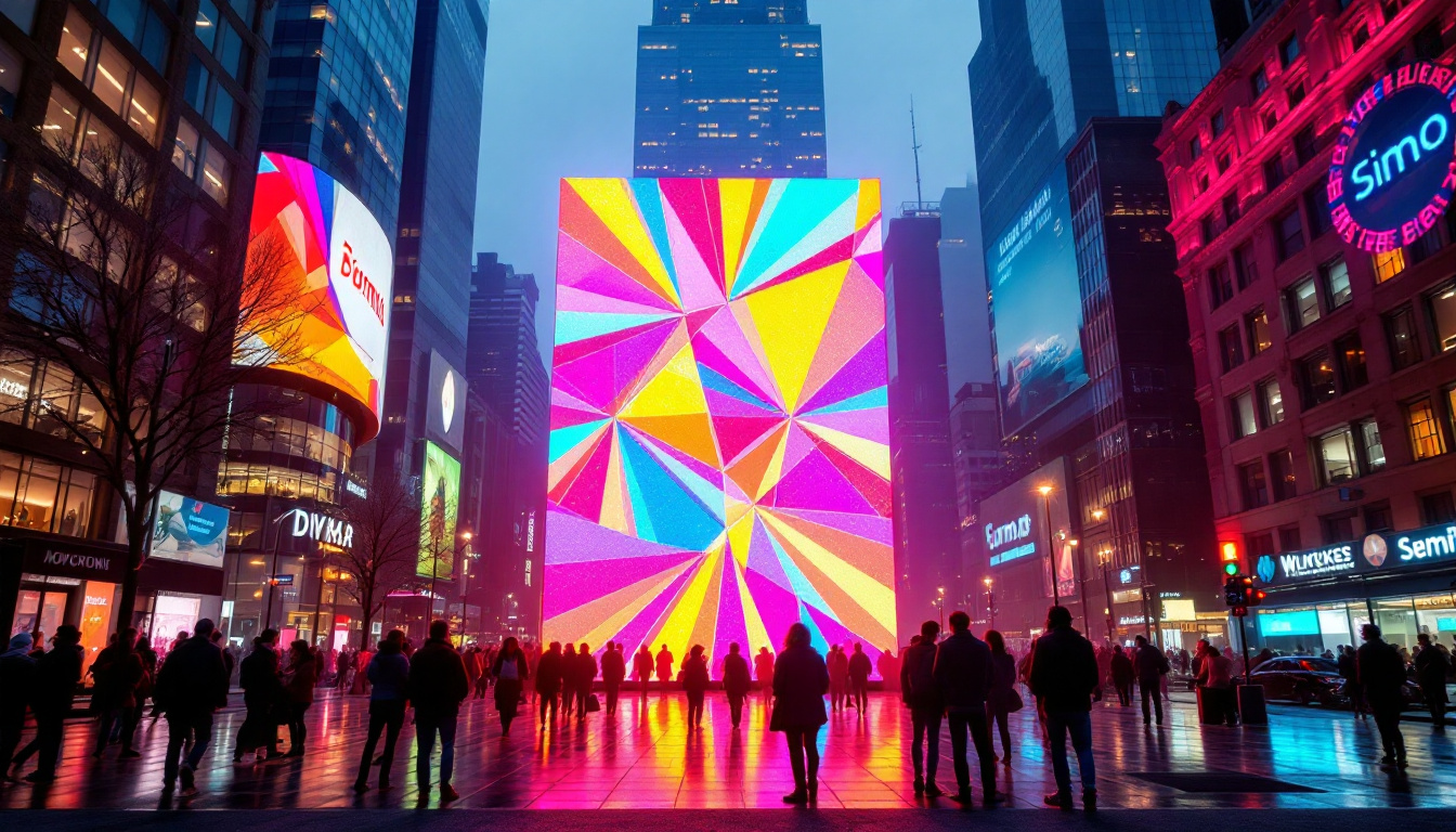A photograph of a vibrant led display in an urban setting