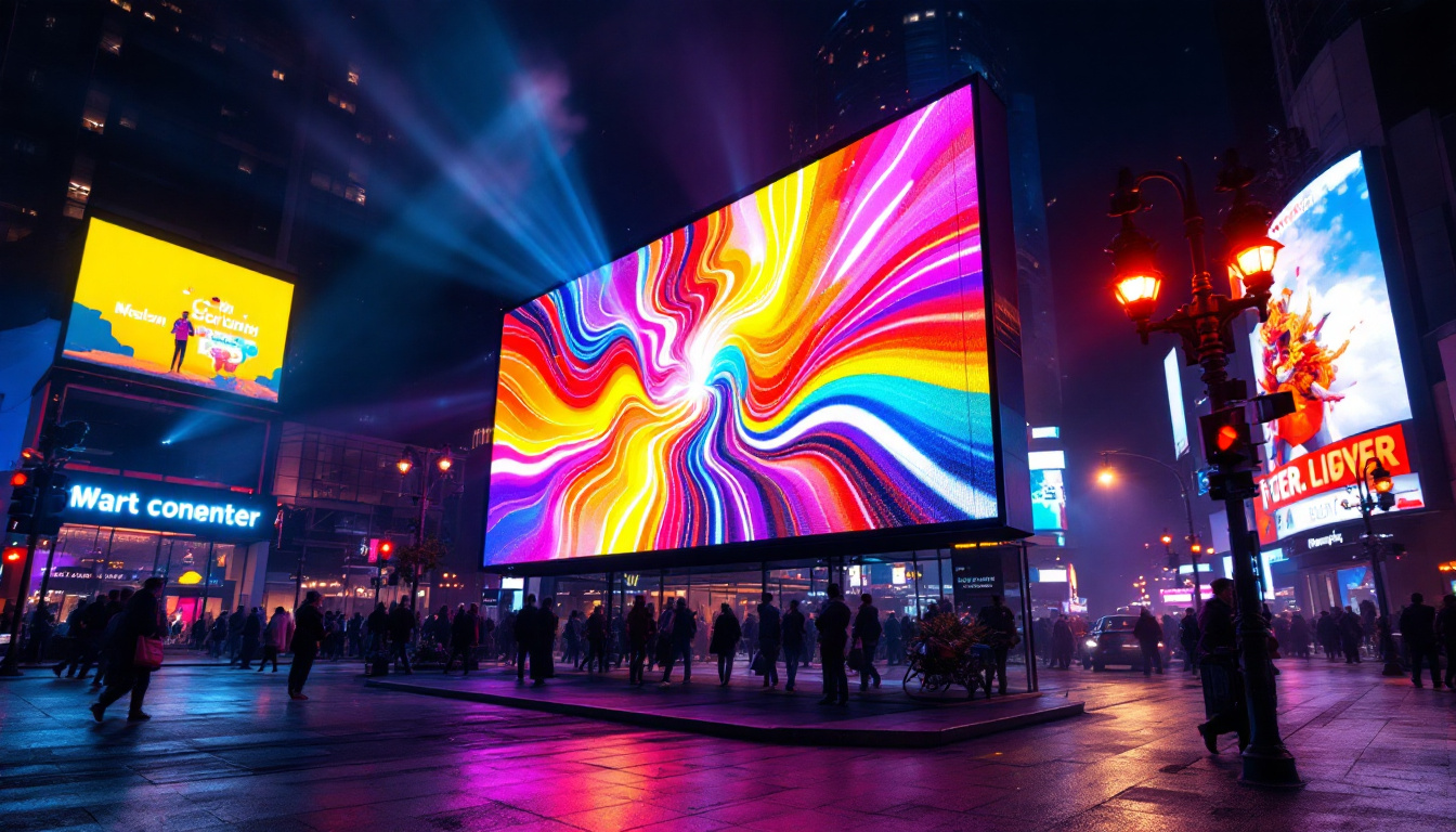 A photograph of a vibrant led display in an urban setting at night