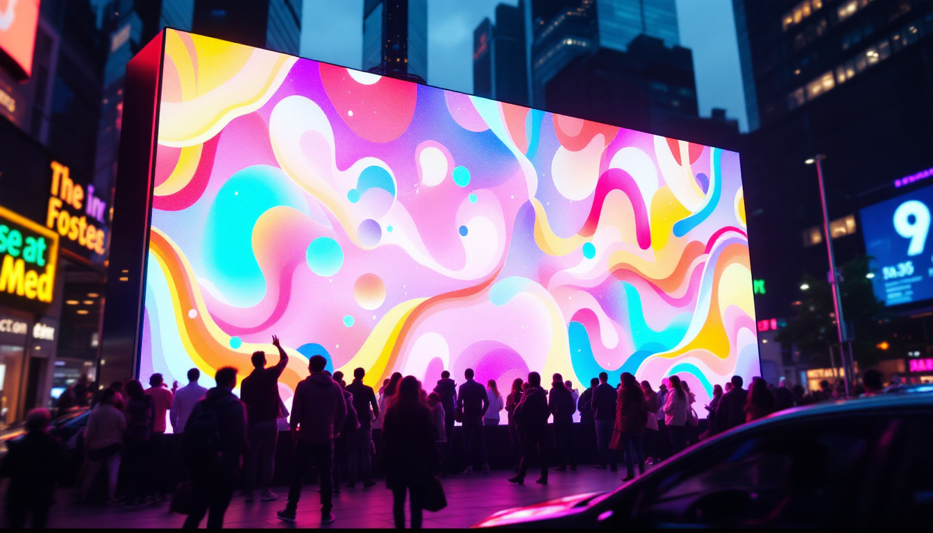 A photograph of a vibrant led display in a bustling urban setting