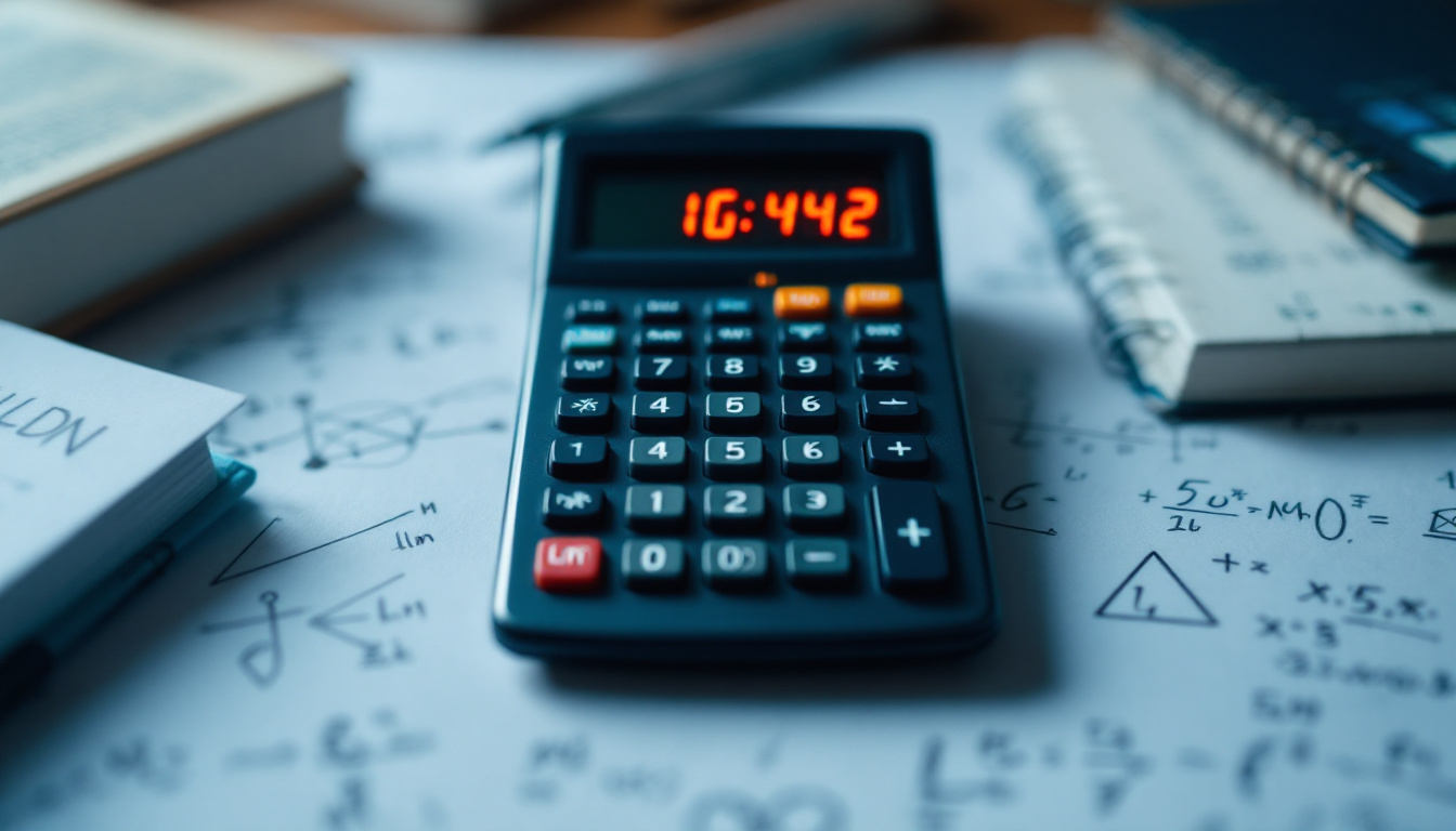 A photograph of a close-up shot of a scientific calculator with its led display clearly showing the natural logarithm function (ln) being inputted