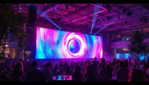 A photograph of a vibrant indoor/outdoor venue featuring a large led display in action