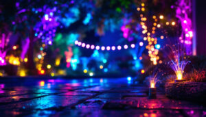 A photograph of a beautifully illuminated outdoor space featuring various waterproof led lights in use
