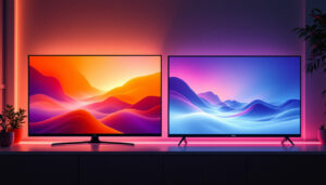 A photograph of a side-by-side comparison of an lcd tv and an led tv