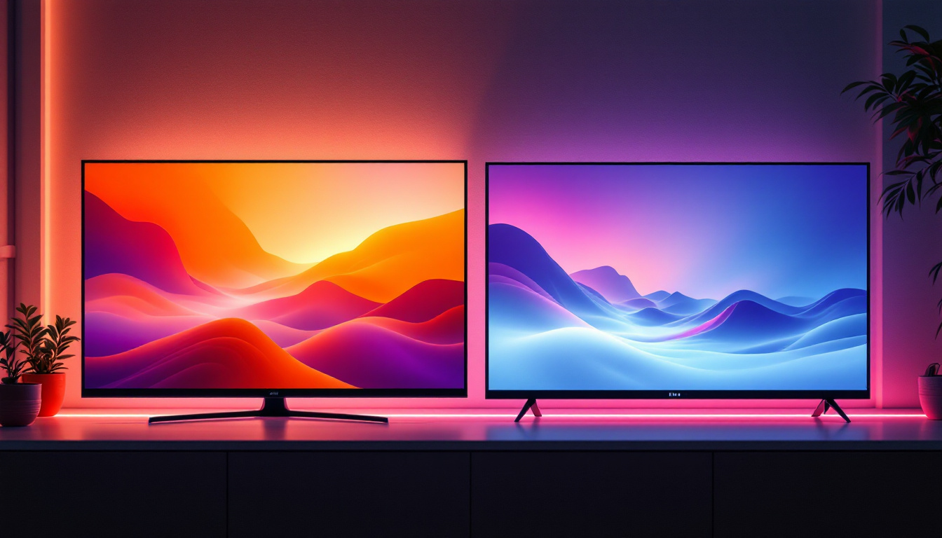 A photograph of a side-by-side comparison of an lcd tv and an led tv