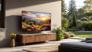 A photograph of a stylish outdoor tv stand showcasing a weatherproof led display in a beautifully landscaped backyard setting