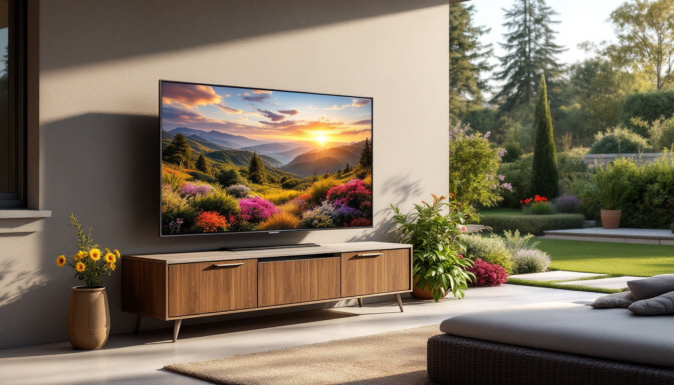 A photograph of a stylish outdoor tv stand showcasing a weatherproof led display in a beautifully landscaped backyard setting