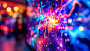 A photograph of a close-up of an lcd screen displaying vibrant colors and sharp images
