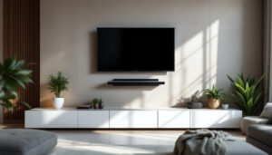 A photograph of a stylishly designed wall-mounted tv rack featuring a sleek led display