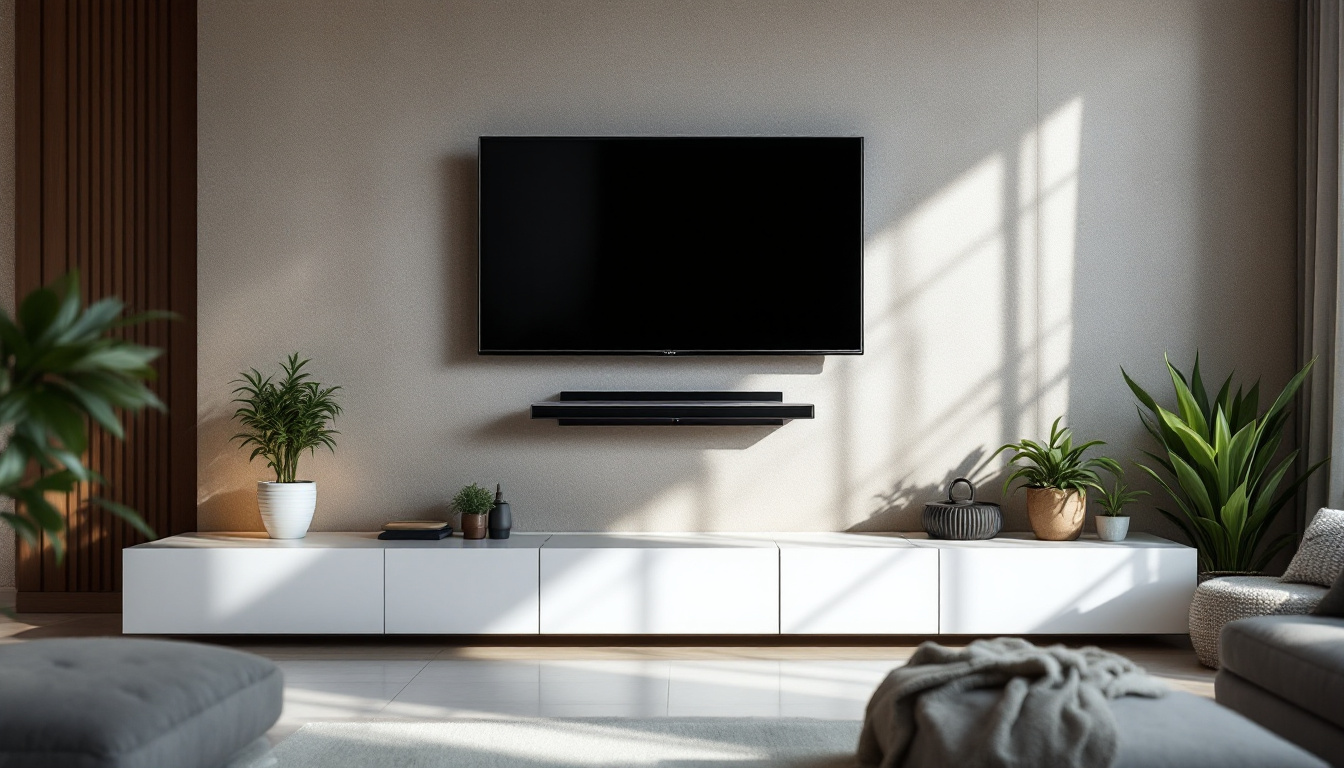 A photograph of a stylishly designed wall-mounted tv rack featuring a sleek led display