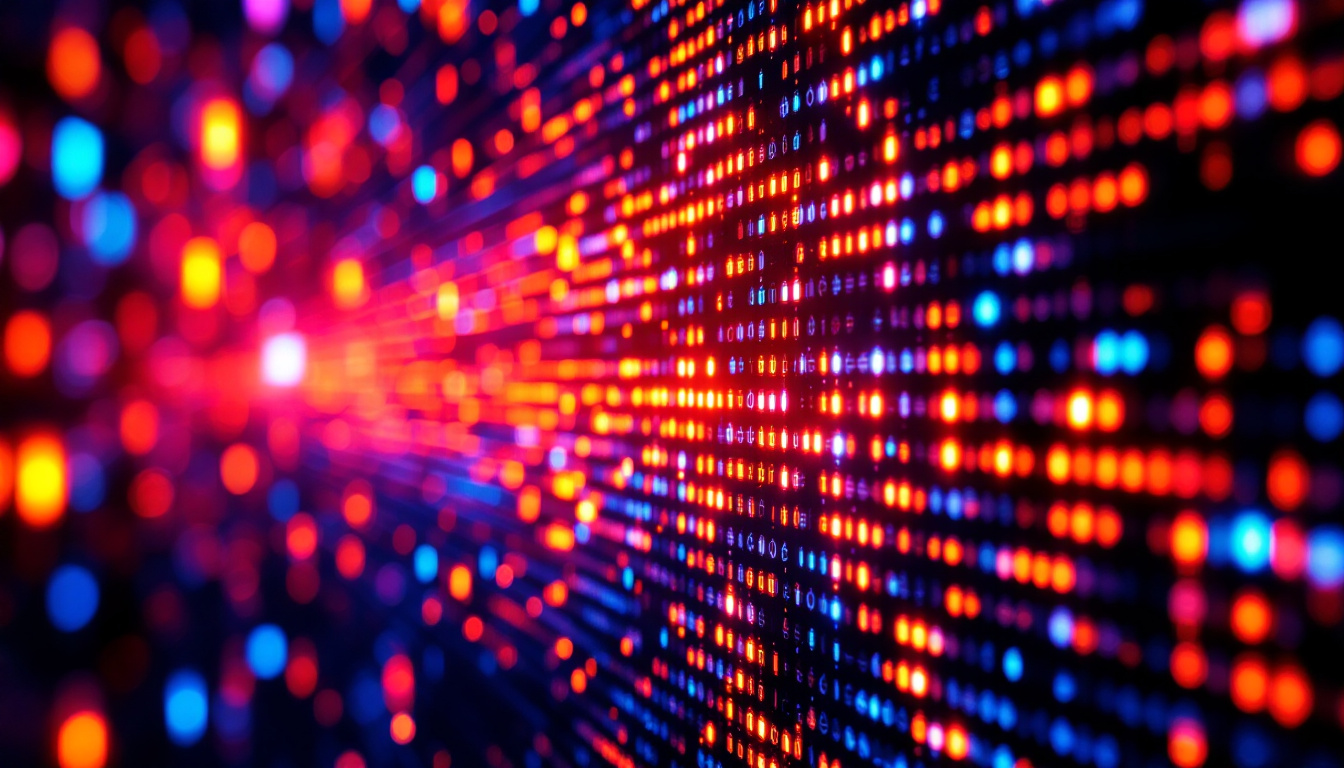 A photograph of a close-up of a vibrant led display showcasing intricate pixel details