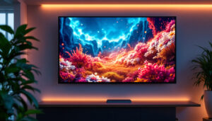 A photograph of a vibrant led display showcasing a high-resolution 1080p video