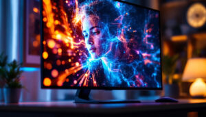 A photograph of a sleek computer monitor with a built-in camera