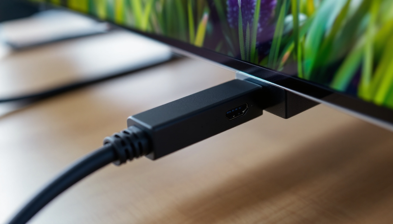 A photograph of a close-up of a displayport to hdmi 1.4 adapter connected to an led display