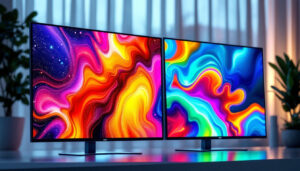 A photograph of a side-by-side comparison of an oled display and an led display
