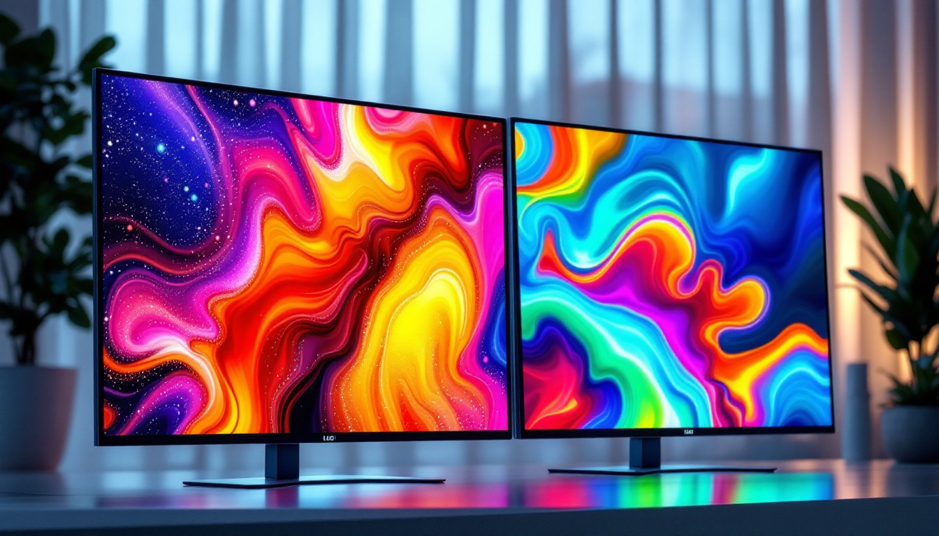 A photograph of a side-by-side comparison of an oled display and an led display