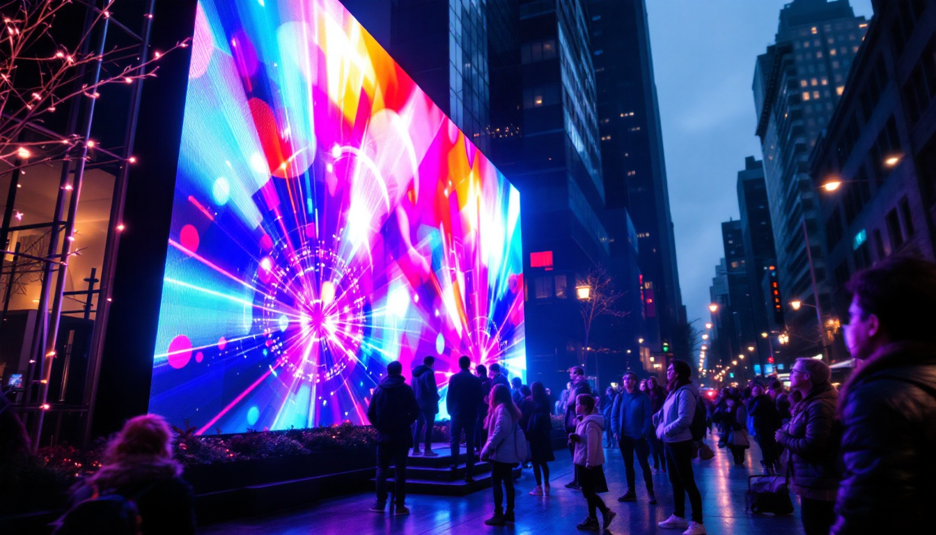 A photograph of a vibrant led display in an urban setting of portland