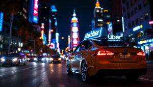 A photograph of a vibrant urban scene featuring an uber vehicle prominently displaying an led sign