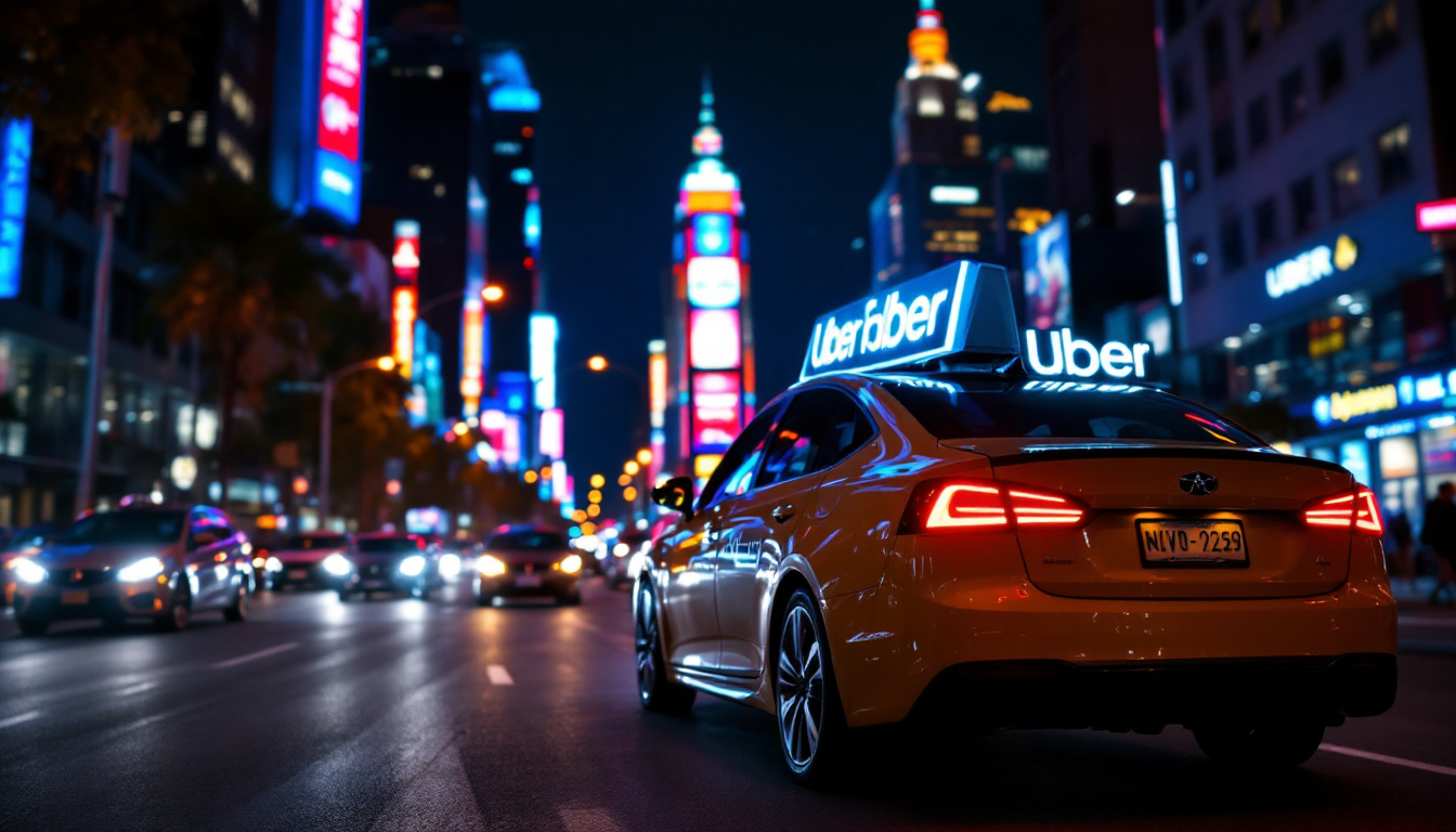 A photograph of a vibrant urban scene featuring an uber vehicle prominently displaying an led sign