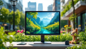 A photograph of capture a photograph of a vibrant outdoor scene featuring a sleek touch screen monitor displaying dynamic content