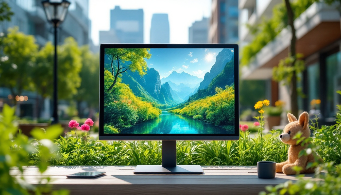 A photograph of capture a photograph of a vibrant outdoor scene featuring a sleek touch screen monitor displaying dynamic content