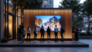 A photograph of a modern freestanding privacy wall featuring an integrated led display
