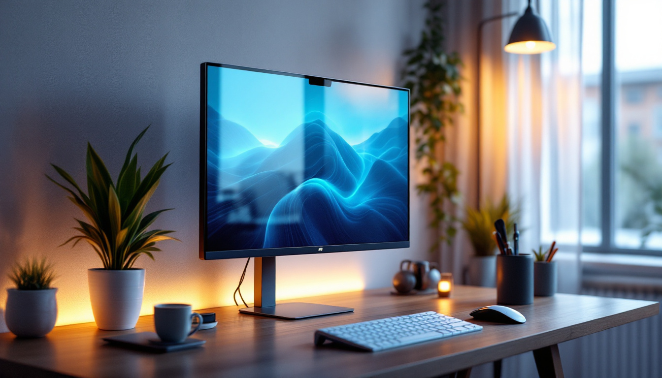 A photograph of a modern indoor workspace featuring a sleek led display with a privacy screen
