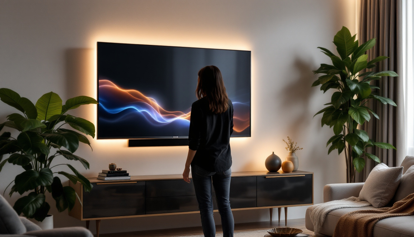 A photograph of a stylish living room setting featuring a wall-mounted led tv