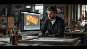 A photograph of a skilled cabinet maker working intently at a well-organized workshop