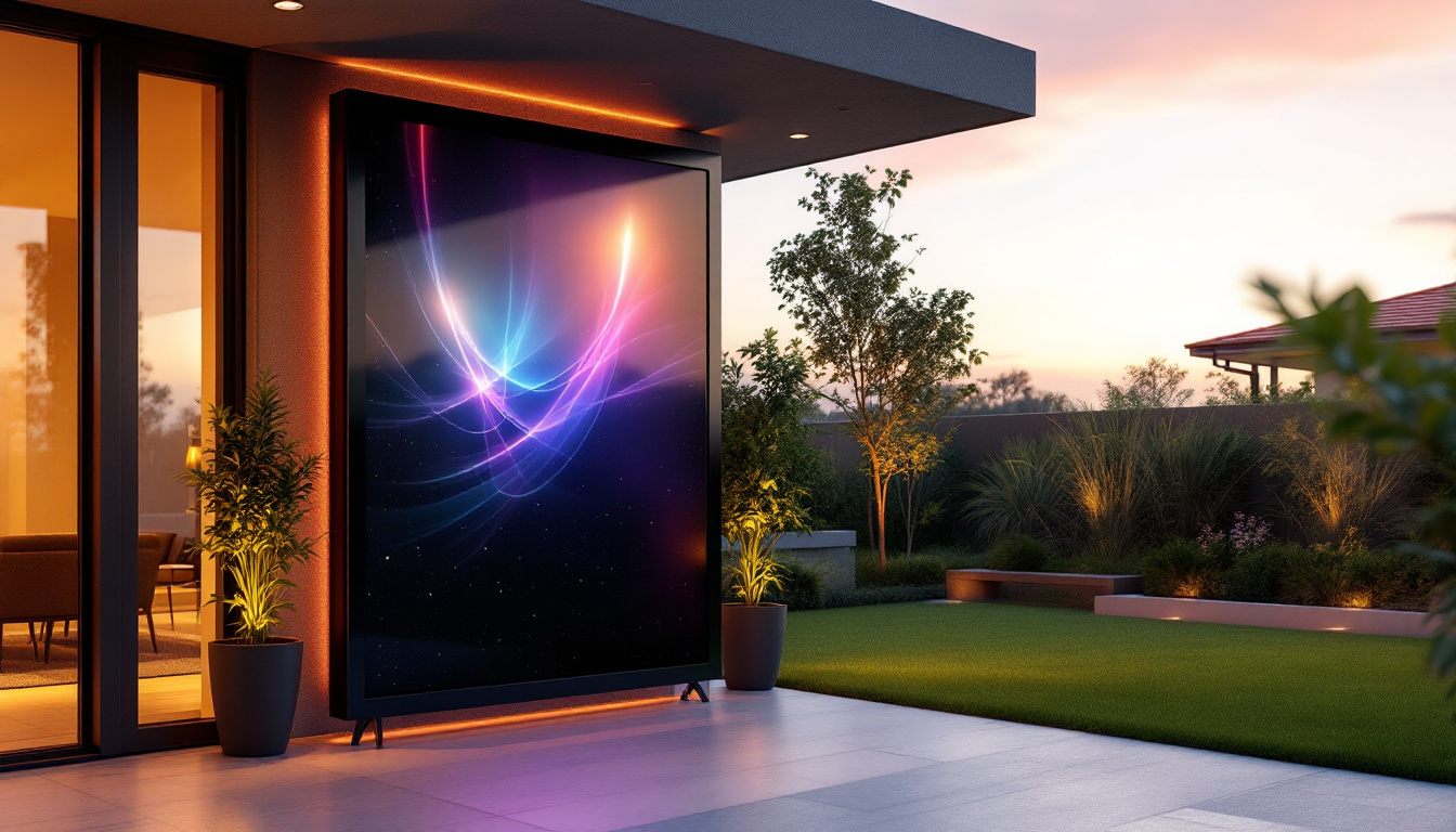 A photograph of a sleek black outdoor privacy screen featuring a vibrant led display